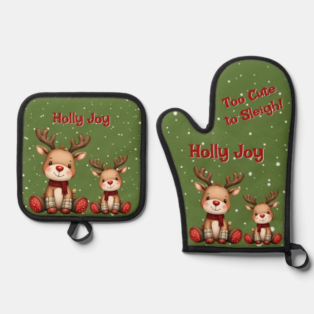 Sweet Reindeer Pair in Holiday Snowfall Oven Mitt & Pot Holder Set (Front)
