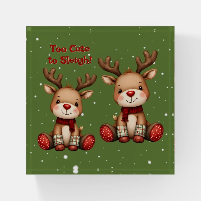 Sweet Reindeer Pair in Holiday Snowfall Paperweight (Front)