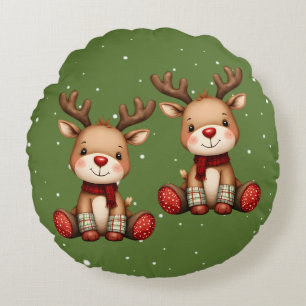 Sweet Reindeer Pair in Holiday Snowfall Round Pillow