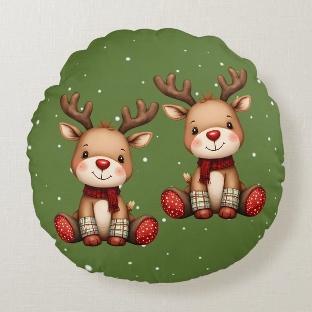 Sweet Reindeer Pair in Holiday Snowfall Round Pillow (Front)