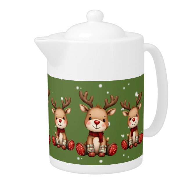 Sweet Reindeer Pair in Holiday Snowfall Teapot (Right)