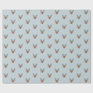 Sweet Reindeer Pattern Joyful Dusty Blue Christmas Wrapping Paper