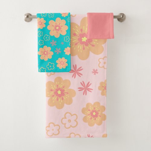 Sweet Retro Flower Pattern and Pink Bath Towel Set