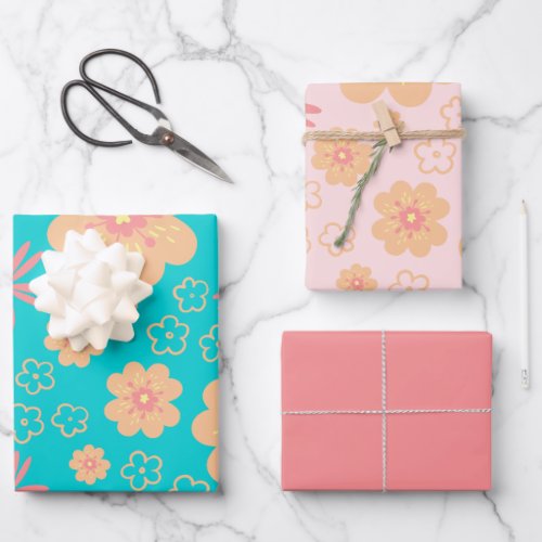 Sweet Retro Flower Pattern and Pink Wrapping Paper Sheets