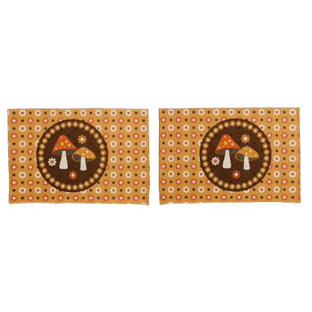 Sweet Retro Mushrooms and Flowers  Pillow Case (Front-Set)