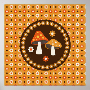 Sweet Retro Mushrooms and Flowers   Poster