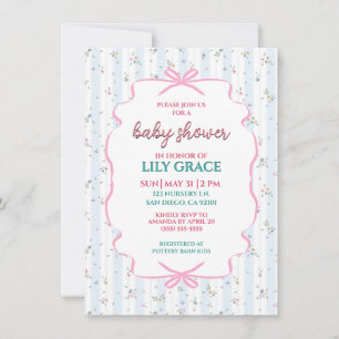 Sweet Ribbon & Floral Stripe Baby Shower Note Card