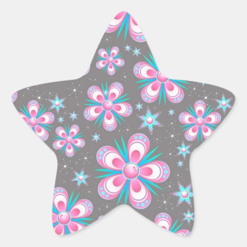 Sweet Romantic  Abstract Pink Flowers Pattern Star Sticker