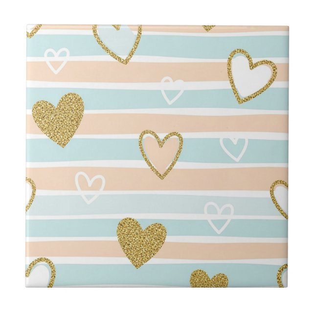 Sweet Romantic Pastel Heart Stripe Ceramic Tile (Front)