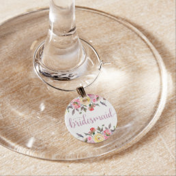 Sweet Rose Watercolor Floral Bridesmaid Wine Glass Charm