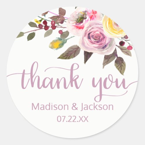 Sweet Rose Watercolor Floral Wedding Favor Classic Round Sticker