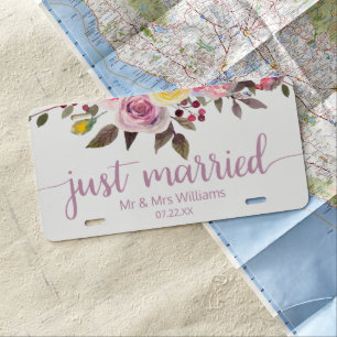 Sweet Rose Watercolor Floral Wedding Just Married License Plate