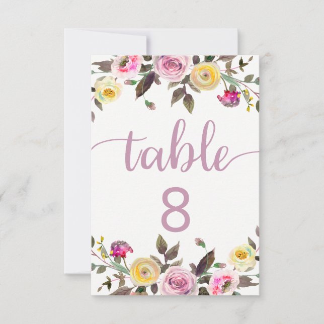 Sweet Rose Watercolor Floral Wedding Table Numbers (Front)