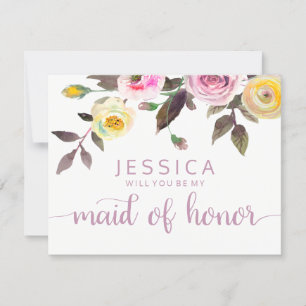 Sweet Rose Watercolor Will You Be My Maid of Honor Invitation