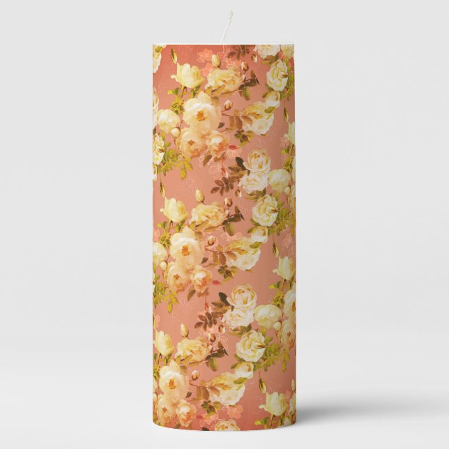 Sweet Roses on Orange Pillar Candle (Front)