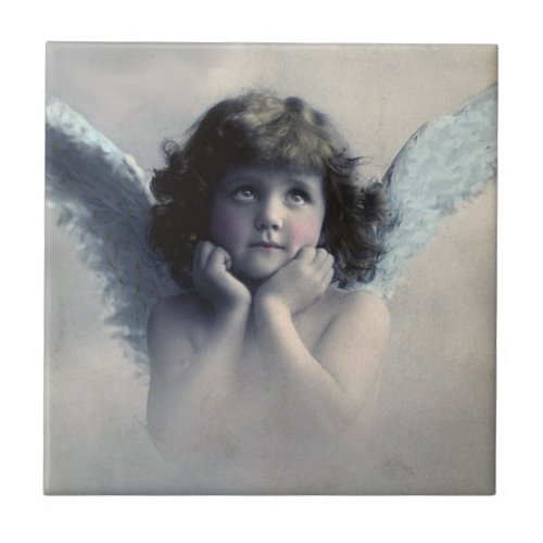 Sweet Rosy Cheeked Vintage Angel in Clouds Tile