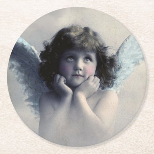 Sweet Rosy Cheeked Vintage Angel in the Clouds Round Paper Coaster