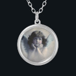 Sweet Rosy Cheeked Vintage Angel in the Clouds Silver Plated Necklace<br><div class="desc">Beautiful vintage design of a sweet angel with soft white wings and rosy cheeks,  holding her face in her hands. Looking peaceful and kind. The background is filled with soft ethereal clouds.</div>