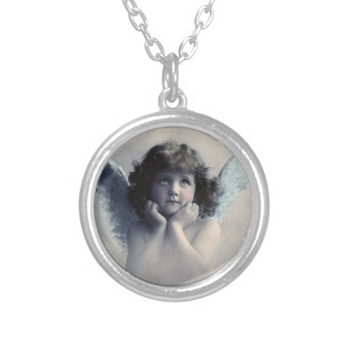 Sweet Rosy Cheeked Vintage Angel in the Clouds Silver Plated Necklace