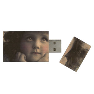 Sweet Rosy Cheeked Vintage Angel in the Clouds Wood Flash Drive