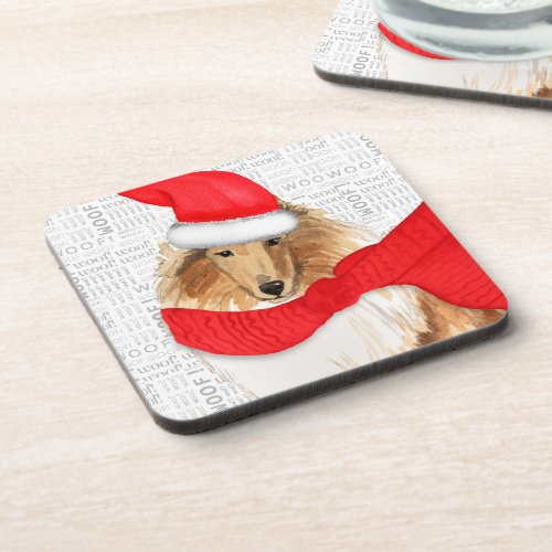Sweet Rough Collie Dog Woof Word Art Holiday Beverage Coaster