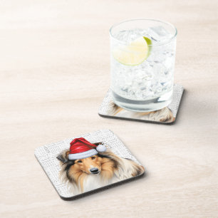 Sweet Rough Collie Dog Woof Word Art Holiday Beverage Coaster