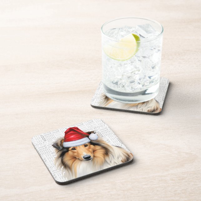 Sweet Rough Collie Dog Woof Word Art Holiday Beverage Coaster (Right Side)