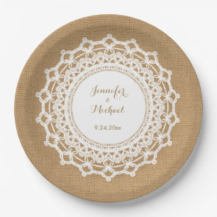 Sweet Rustic Burlap Look and White Lace Wedding Paper Plates