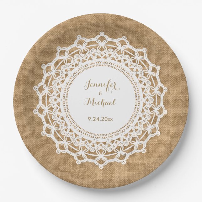 Sweet Rustic Burlap Look and White Lace Wedding Paper Plates (Front)
