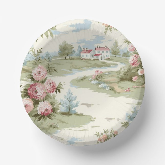 Sweet Rustic Country Home Floral Landscape Paper Bowls (Front)