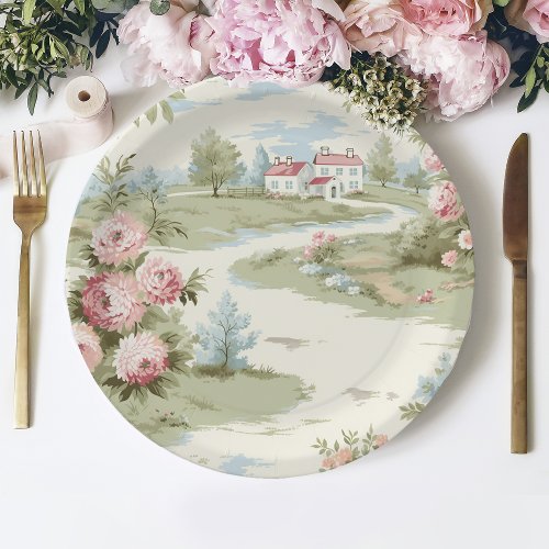 Sweet Rustic Country Home Floral Landscape Paper Plates