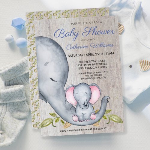 Sweet Rustic Elephant Blue Boy Baby Shower  Invitation