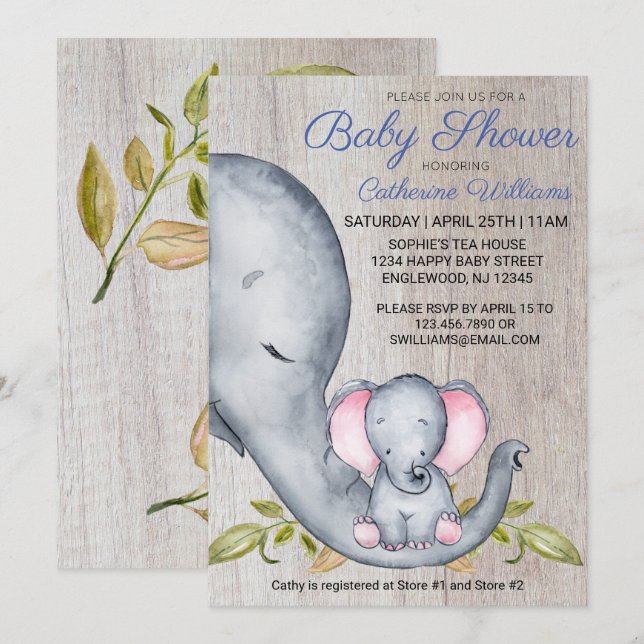 Sweet Rustic Elephant Blue Boy Baby Shower Invite (Front/Back)