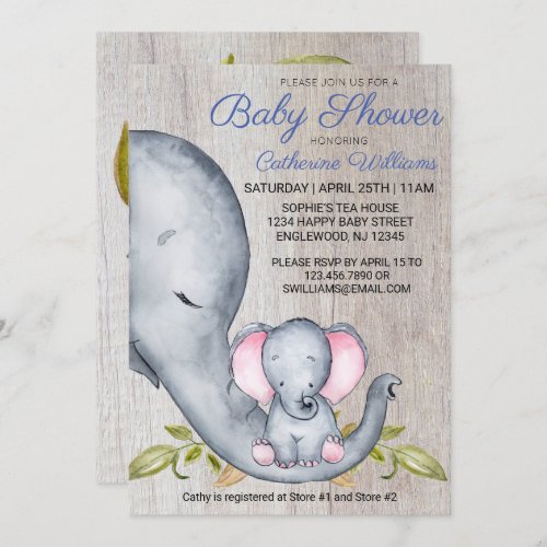 Sweet Rustic Elephant Blue Boy Baby Shower Invite