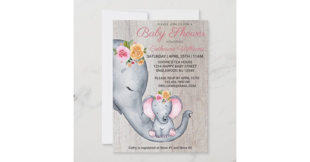 Sweet Rustic Elephant Pink Floral Girl Baby Shower Invitation | Zazzle