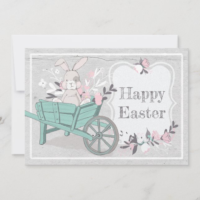 Sweet Rustic Wheelbarrow Bunny Photo Easter Holiday Card (Front)