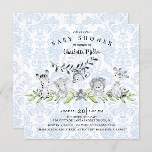 Sweet Safari Animals Boys Baby Shower Invitation