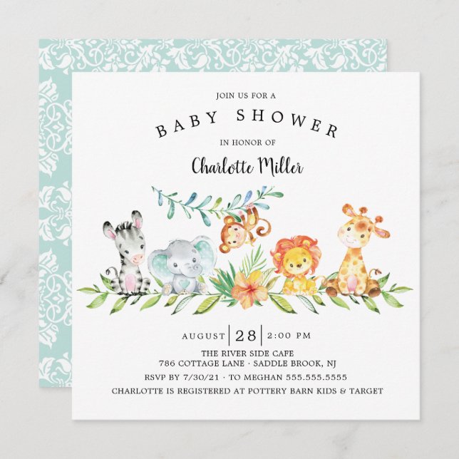 Sweet Safari Animals Gender Neutral Baby Shower In Invitation (Front/Back)
