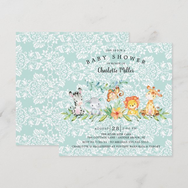 Sweet Safari Animals Gender Neutral Baby Shower Invitation (Front/Back)
