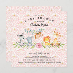 Sweet Safari Animals Girls Baby Shower Invitation