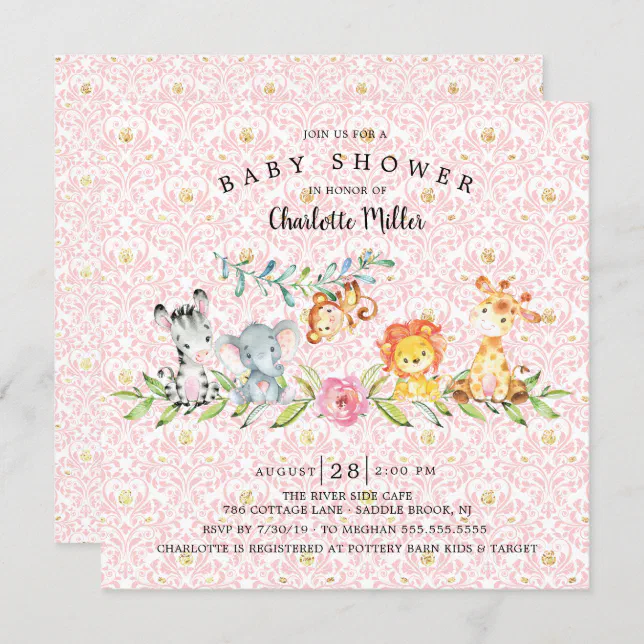 Sweet Safari Animals Girls Baby Shower Invitation | Zazzle