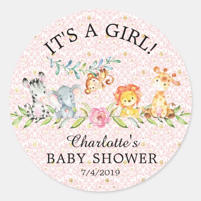 Sweet Safari Animals It' a Girl Favor Sticker (Front)