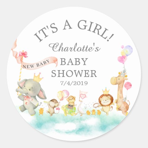 Sweet Safari Animals Parade Favor Sticker - Adorable jungle animals parade Baby Shower Favor sticker for a girls baby shower.  Matching items available in our shop.