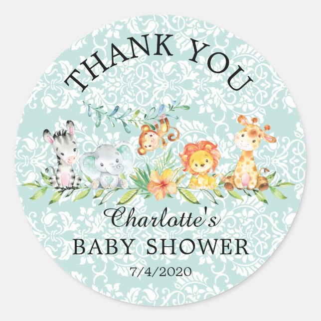 Sweet Safari Animals Thank You Baby Favor Sticker (Front)