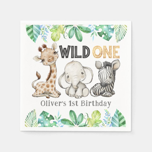 Sweet Safari Animals Wild One Birthday Napkins (Front)