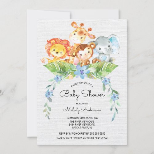 Sweet Safari Jungle Boys Baby Shower Invitation