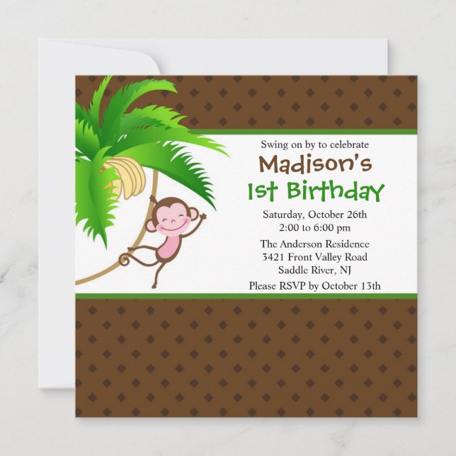 Sweet Safari Monkey Birthday Invitation (Front)