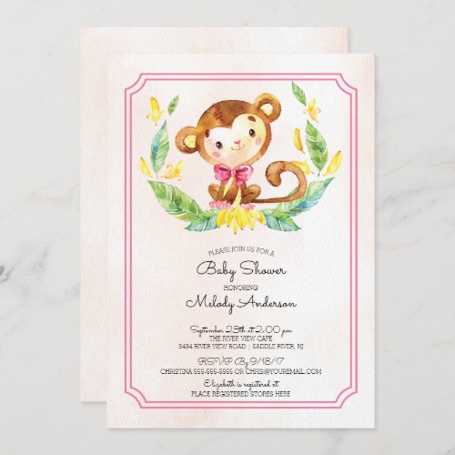 Sweet Safari Monkey Girls Baby Shower Invitation