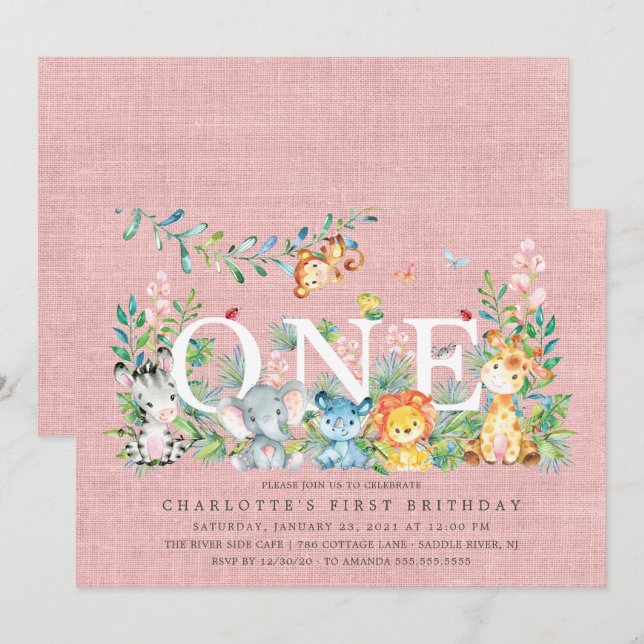 Sweet Safari ONE Girls 1ST Birthday Invitation (Front/Back)