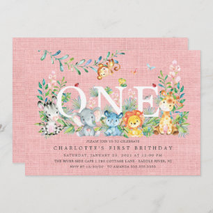 Sweet Safari ONE Girls 1ST Birthday Invitation